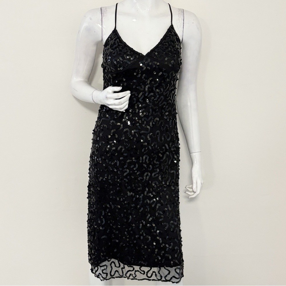 Vintage Betsey Johnson Evening Black Sequin Midi Dress w Criss Cross Back Straps